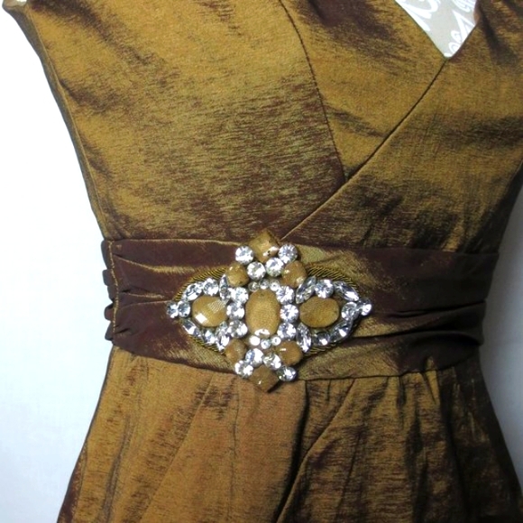 Badgley Mischka Cocktail Dress Metallic Bronze Crepe Rhinestone Evening Size 8 … - Picture 6 of 11